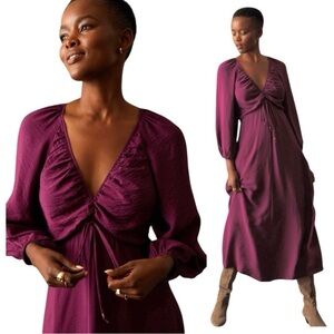 ANTHROPOLOGIE Maeve NEW with Tags Deep-V Ruched Midi Dress, Raspberry, 16